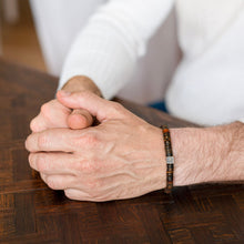 Load image into Gallery viewer, Close-up of a person's hands clasped together on a wooden surface